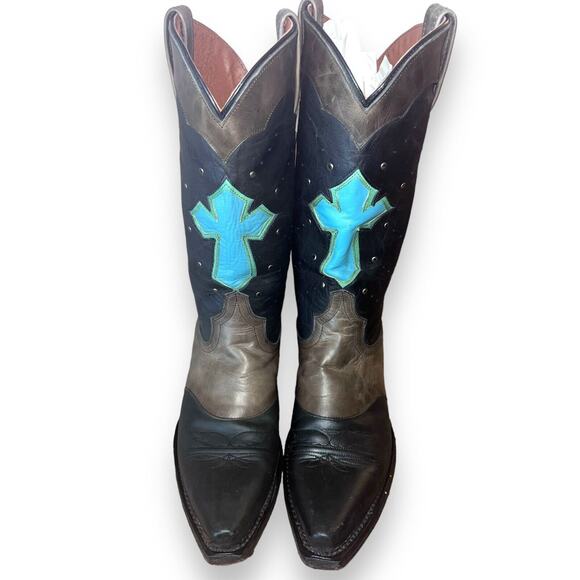 Eight Second Angel Size 8 Turquoise Cross Leather Cowboy Studded Boots - Picture 1 of 12
